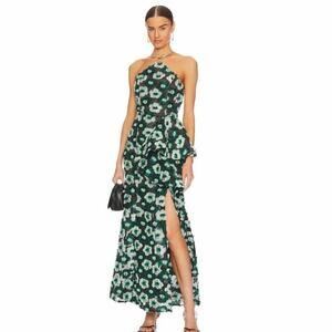 Elliatt Georgina Green Floral Halter Midi Dress with White Accents